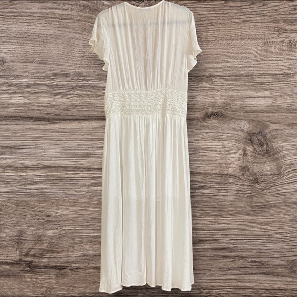 Women's Cream Button Lace Sheer Embroidered Boho Peasant Lined Maxi Dress XL - Picture 5 of 12